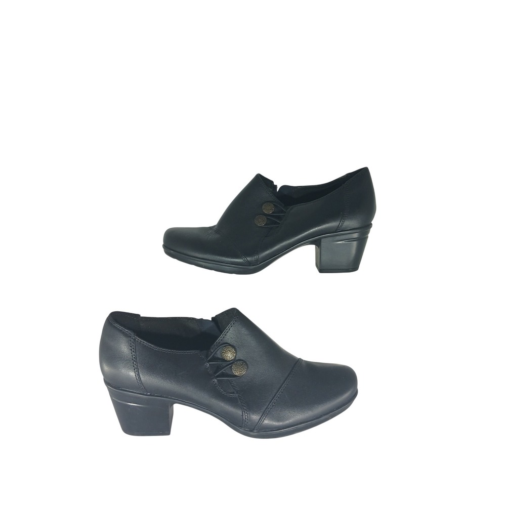 Clarks Adriel Wavy Booties 7.5 Black Leather Button Accent Block Heel Shoes